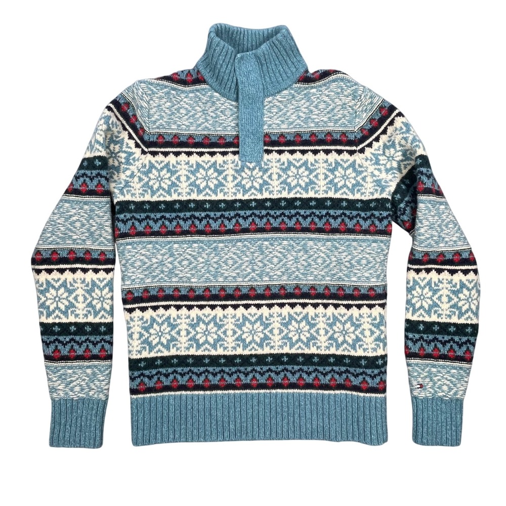 Tommy Hilfiger Blue Fair Isle Lambswool Quarter Zip Sweater Mens Large